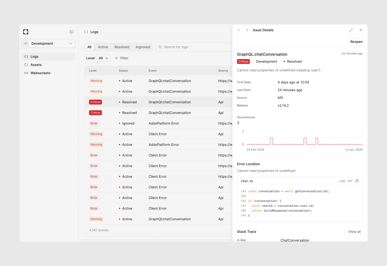Ops logs screen